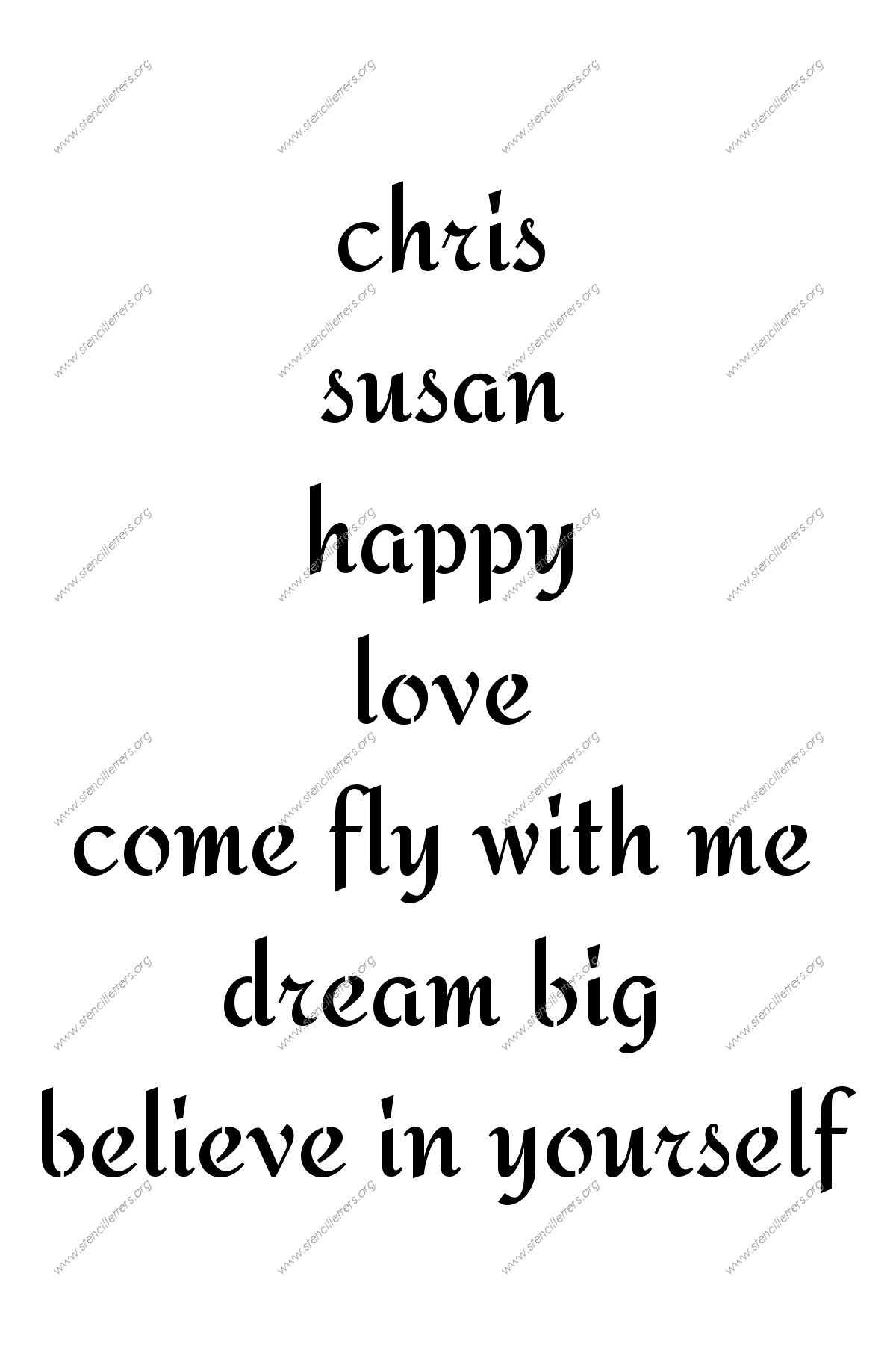 Cursive Script Calligraphy lowercase stencil Names, Words, Phrases samples